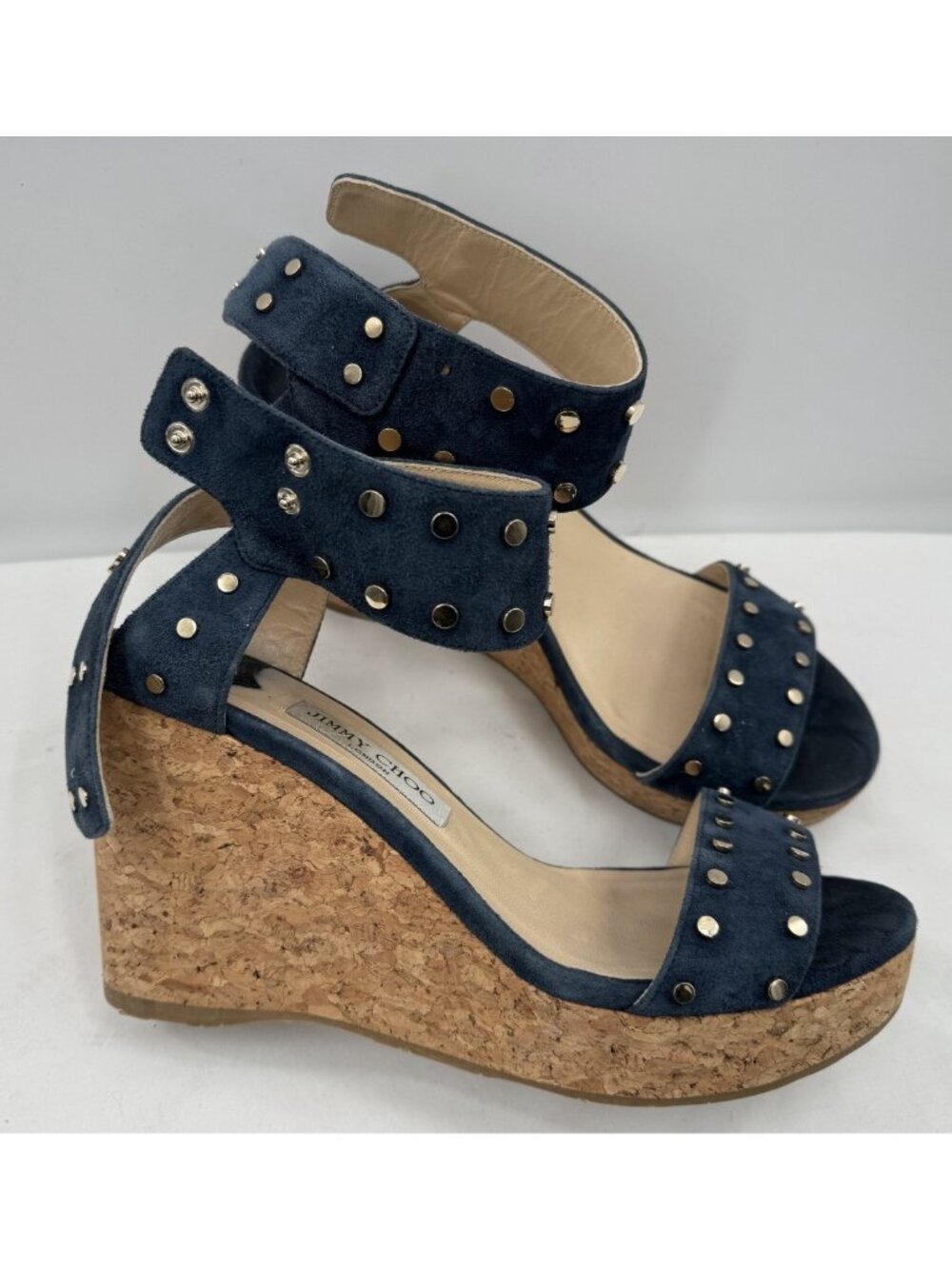 JIMMY CHOO Dark Navy Suede Studded Cork Nelly Wedge Sandals Heels Shoes Sz 41.5 - Picture 1 of 16